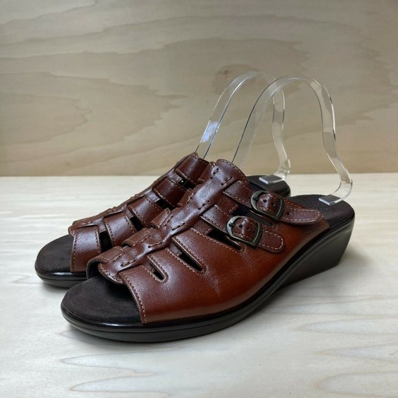 Sas Tripad Comfort Womens Leather Wedge Heel Buckle Brown Slide Sandals Sz 10 N - Picture 3 of 6